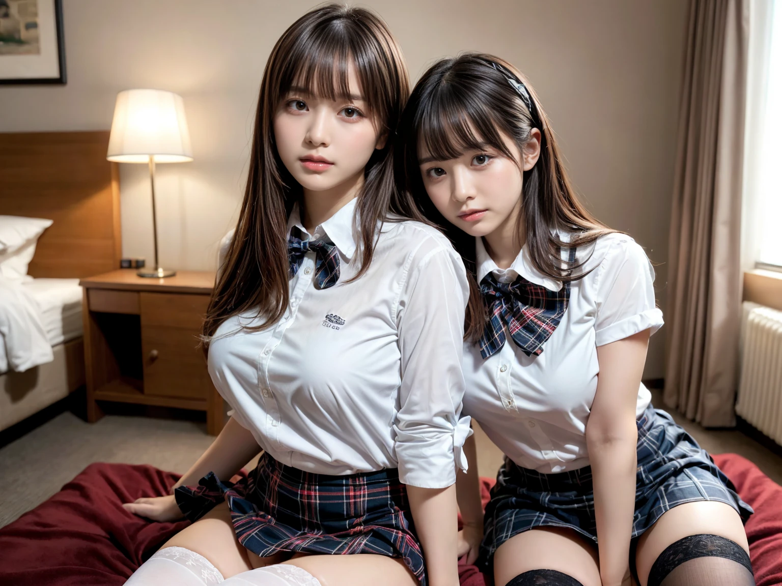masterpiece, best quality, illustration, Super detailed, fine details, High resolution, 8K,wall paper, perfect dynamic composition,(Details High quality, realistic depiction of eyes:1.3), (2 girls), (white school shirt :1.2), (plaid skirt :1.3), tie black, black thigh-high stockings, sitting, open legs, short bob hair, in a hotel room in the background, deep on field, large breasts, black hair color, Big Natural Color Lip, (perfect body shape), crying a little、Harajuku style、20 year old girl、cute type、beautiful legs, Gravure Idol