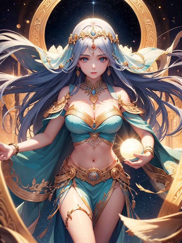 A woman like a goddess, shining divinely, and the background is an image of the universe.
