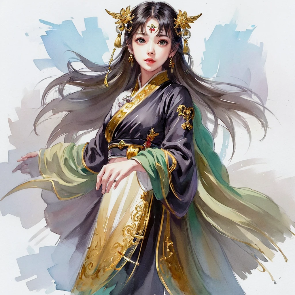 stechu,(white background:1.4), ((tachi-e)), original,(illustration:1.1),(best quality),(masterpiece:1.1),(extremely detailed CG unity 8k wallpaper:1.1), (colorful:0.9),(panorama shot:1.4),(solo:1.2), (ink splashing),(color splashing),((watercolor)), clear sharp focus,{ 1girl standing },((korean style )),white background,outdoors, looking at viewer, soft smile, pure,beautyfull detailed face and eyes,beautyfull intricacy clothing decorative pattern details, black and gold color hair, black eyes,colorwater, wear glasses, unsaturated color