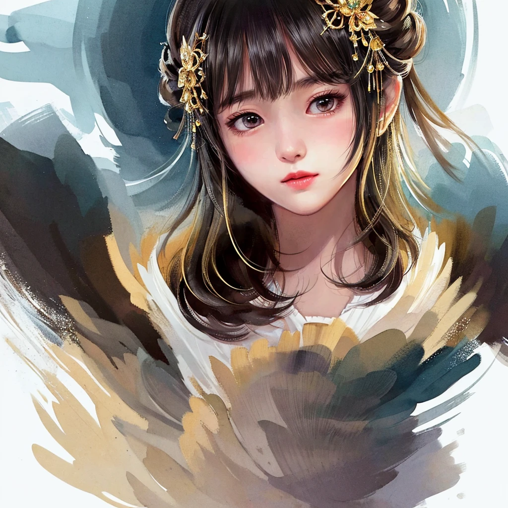 stechu,(white background:1.4), ((tachi-e)), original,(illustration:1.1),(best quality),(masterpiece:1.1),(extremely detailed CG unity 8k wallpaper:1.1), (colorful:0.9),(panorama shot:1.4),(solo:1.2), (ink splashing),(color splashing),((watercolor)), clear sharp focus,{ 1girl standing },((korean style )),white background,outdoors, looking at viewer, soft smile, pure,beautyfull detailed face and eyes,beautyfull intricacy clothing decorative pattern details, black and gold color hair, black eyes,colorwater, wear glasses, unsaturated color