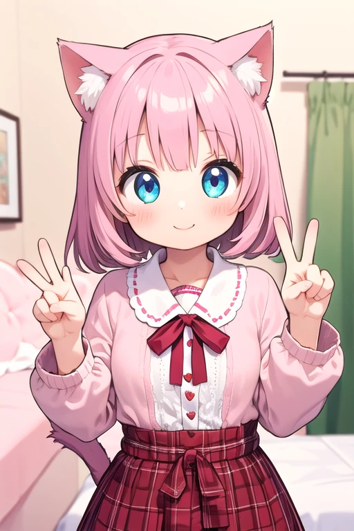 One girl,Cat girl,Animal ears,tail,View your viewers,Bright smile,peace sign,Cute pink room,Heart Items,ribbon,Are standing,Upper Body,