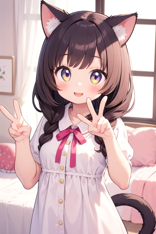 One girl,Cat girl,Animal ears,tail,View your viewers,Bright smile,peace sign,Cute pink room,Heart Items,ribbon,Are standing,Upper Body,