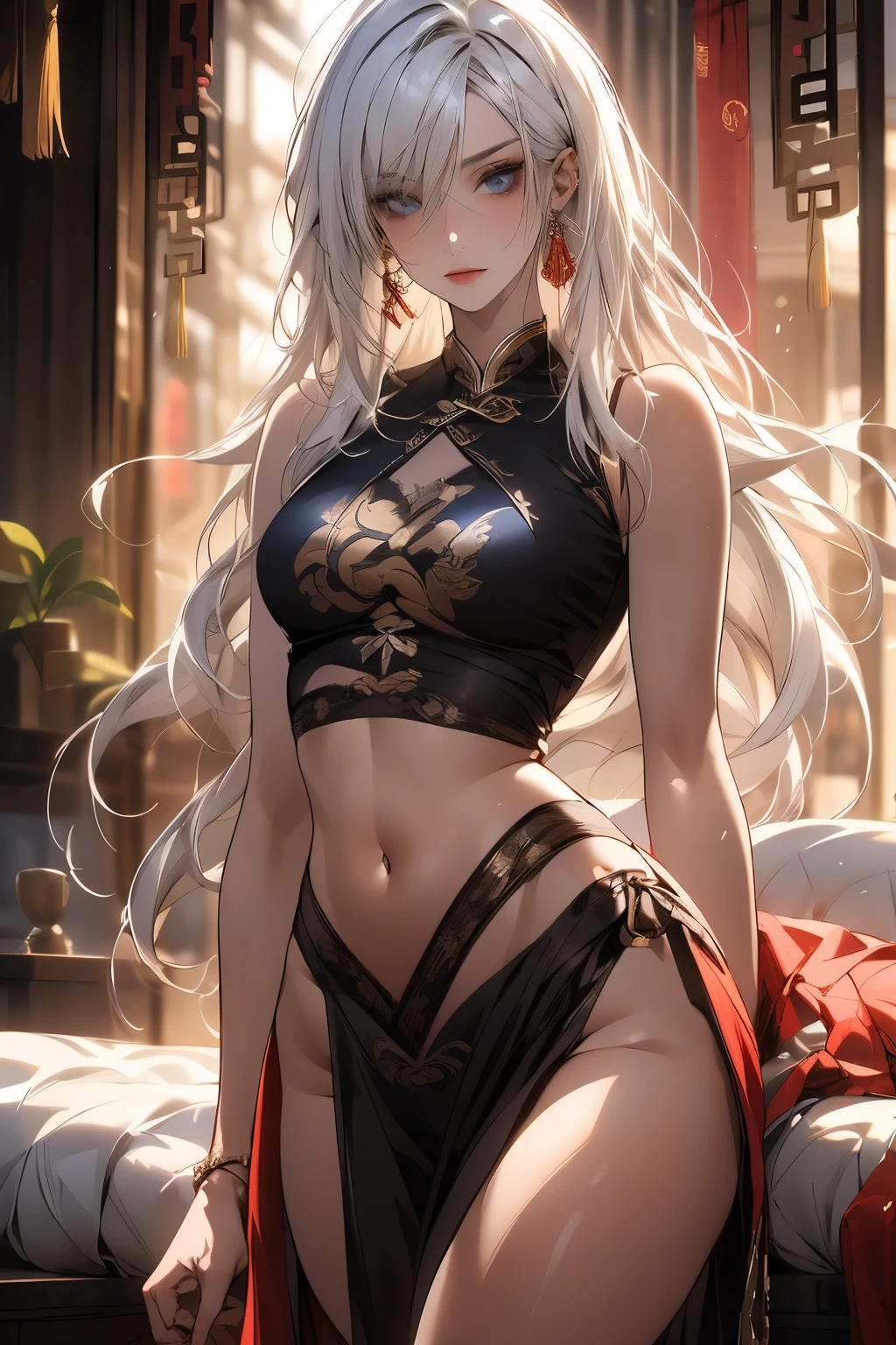 ((best quality)), ((masterpiece)), (detailed), Photorealistic, high resolution, mature woman, Hips up, Beautiful eyes, , Blue eyes, jewelry, Hanfu, Chinese fairy, Taoist uniform, เสื้อผ้าขนาดใหญ่, Curtain Bangs, white hair, หน้าอกใหญ่, HDR (high dynamic range), After processing, Anisotropic filtration,depth of field, Maximum clarity and clarity, multi-layered surface, perfect proportions, 8K raw files, กระโปรงสั้น, natural lighting, soft lighting, sunlight, night life