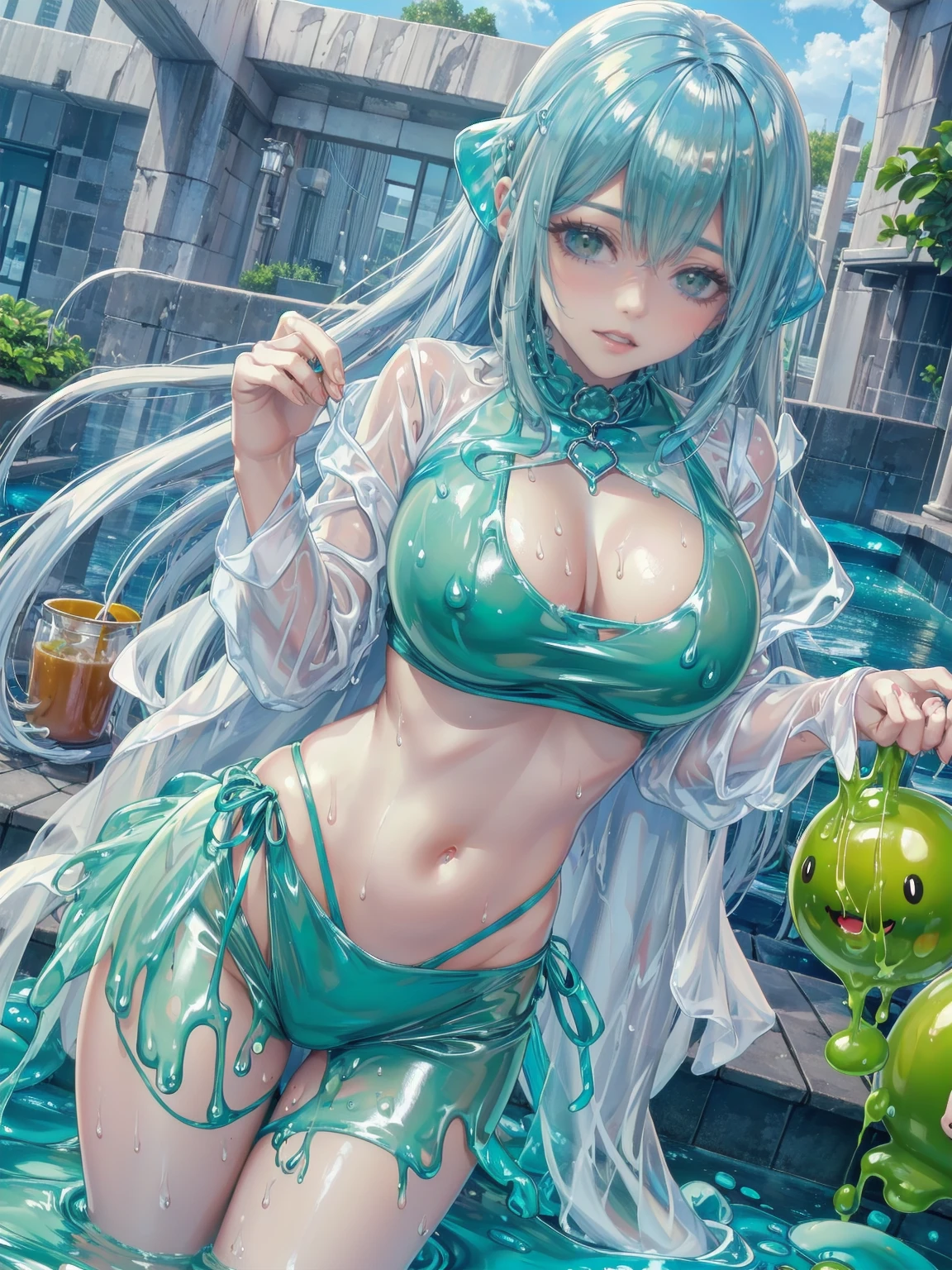 (hight resolution,masutepiece:1.2),Ultra-detailed,(Realistic:1.37), Slime Girl,covered in blue slime, (partially transparent), (Wet with water), (blue sweat), Slimy blue liquid dripping from her body. Her hair is also covered in blue slime. blue slime scatters, Blue hair, blue eyes