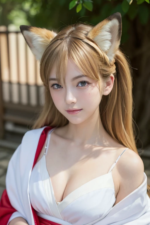 ((Beautiful blonde hair))、((Beautiful blonde))、One Girl、((Highest quality、8k、masterpiece))、Sharp focus:1.2、(((Small fox ears)))、Cute 17 year old girl with perfect figure:1.4、Slim Abs:1.2、((Dark brown hair))、street:1.2、Highly detailed face and skin texture、fine grain、((The chest is exposed))、double eyelid、shoulder、Close-up of a woman in a kimono posing for a photo、Japanの女神、Japan人モデル、white、((Small breasts))、((Shrine maiden costume))、Japan、Drawing attractive anime girls、Cleavage