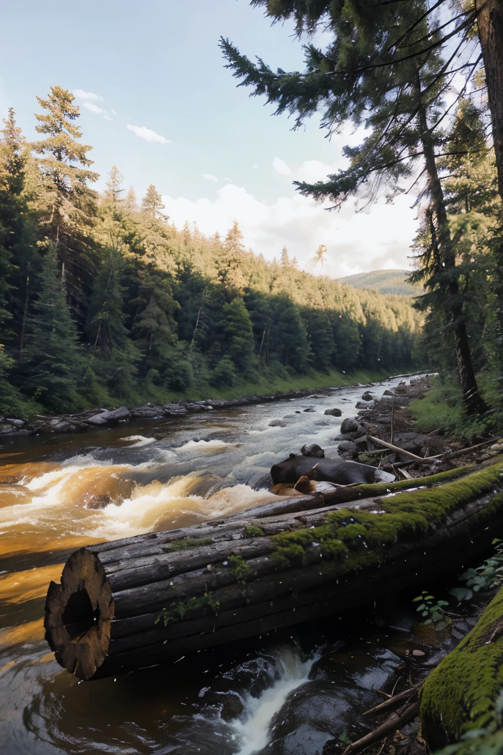 Spruce jungle and river on middle a bear is in a wood log in the river