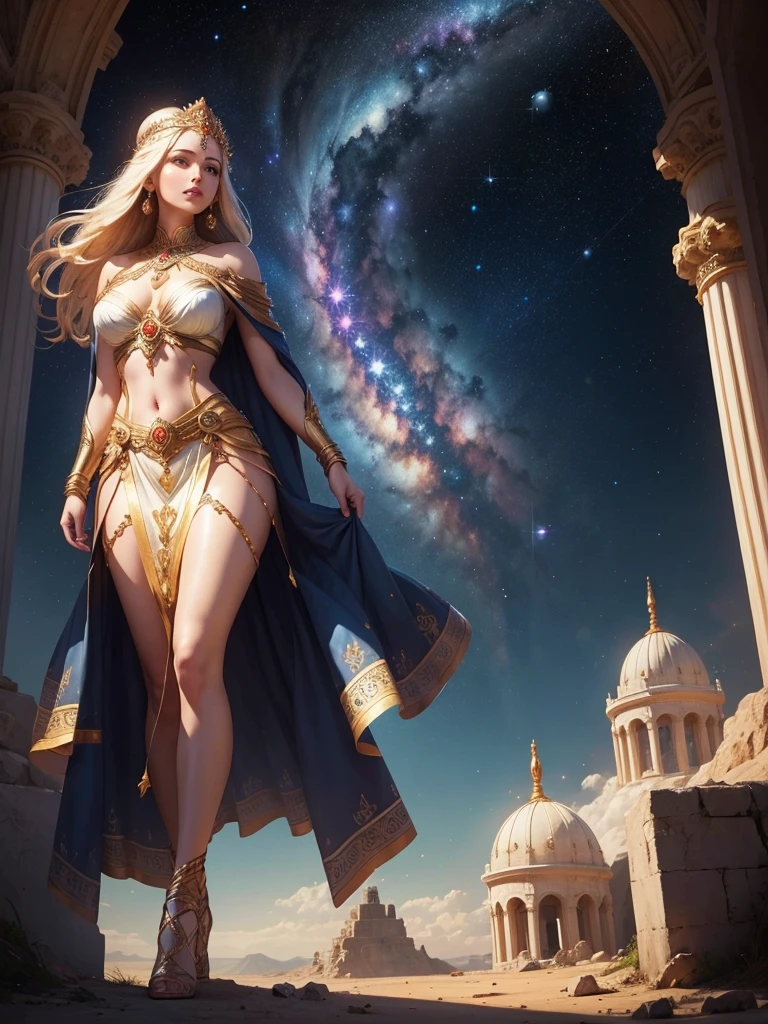 A woman like a goddess, shining divinely, and the background is an image of the universe.