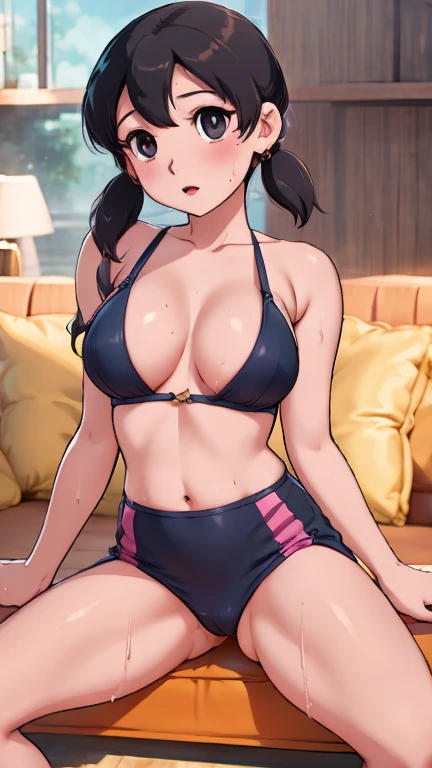 realistic, 1gril, per HD, 12k, wearing Allstars shoes, slim body, rather big body, big round breasts, no clothes, beautiful breasts, looking at the camera, sitting on the sofa, long black hair, facial details, detailed person, body details, clothing details, hair details, body details, body details, breast details, vagina details, clothes, eye details, sweat details, water details, pose (knees bent and legs wide apart) whole body
