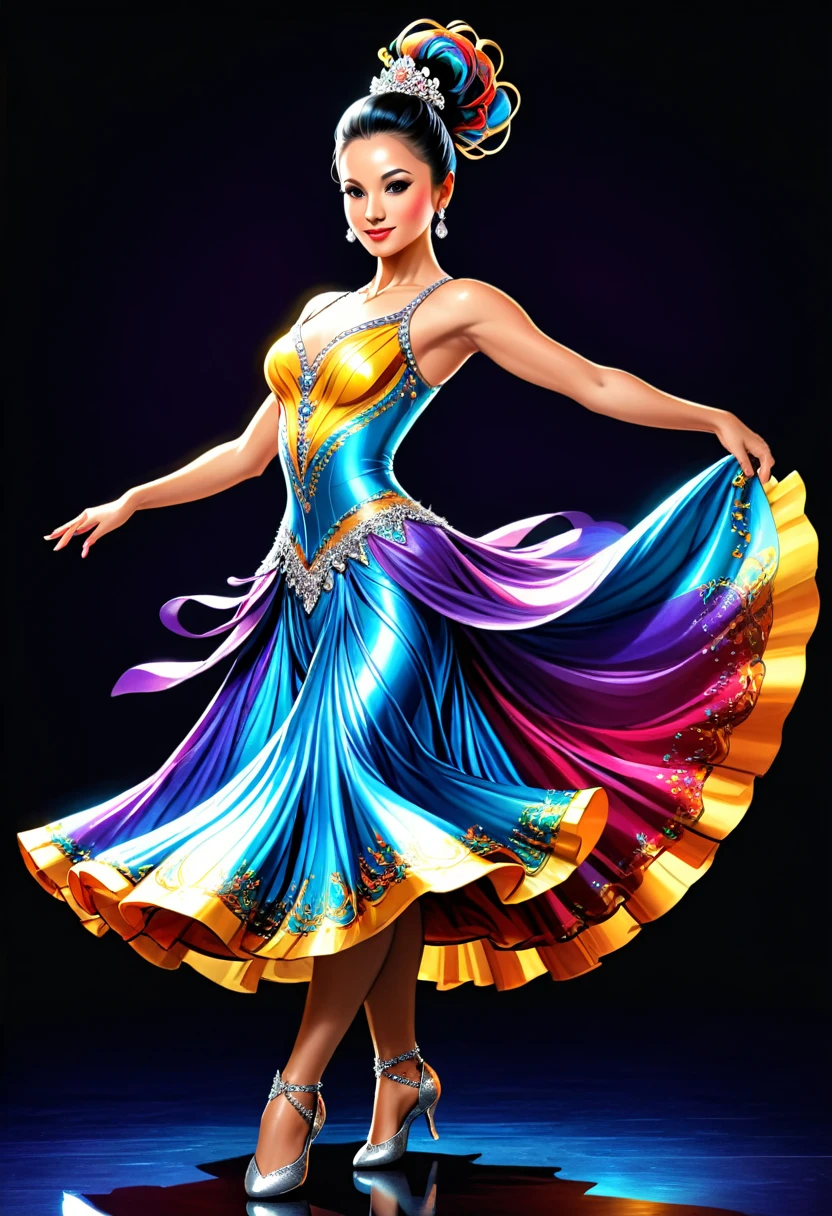 a ((liquid metal portrait: 1.5)) of woman ballroom dancer, a full body picture ((anatomically correct: 1.5)) ultra detailed face, best detailed face, of a exquisite beautiful female ballroom dancer, she is wearing a colorful ballroom dress, best detailed dress, colorful dress, multicores dress, royal fantasy ballroom background, Liquid Metal, artxldnc