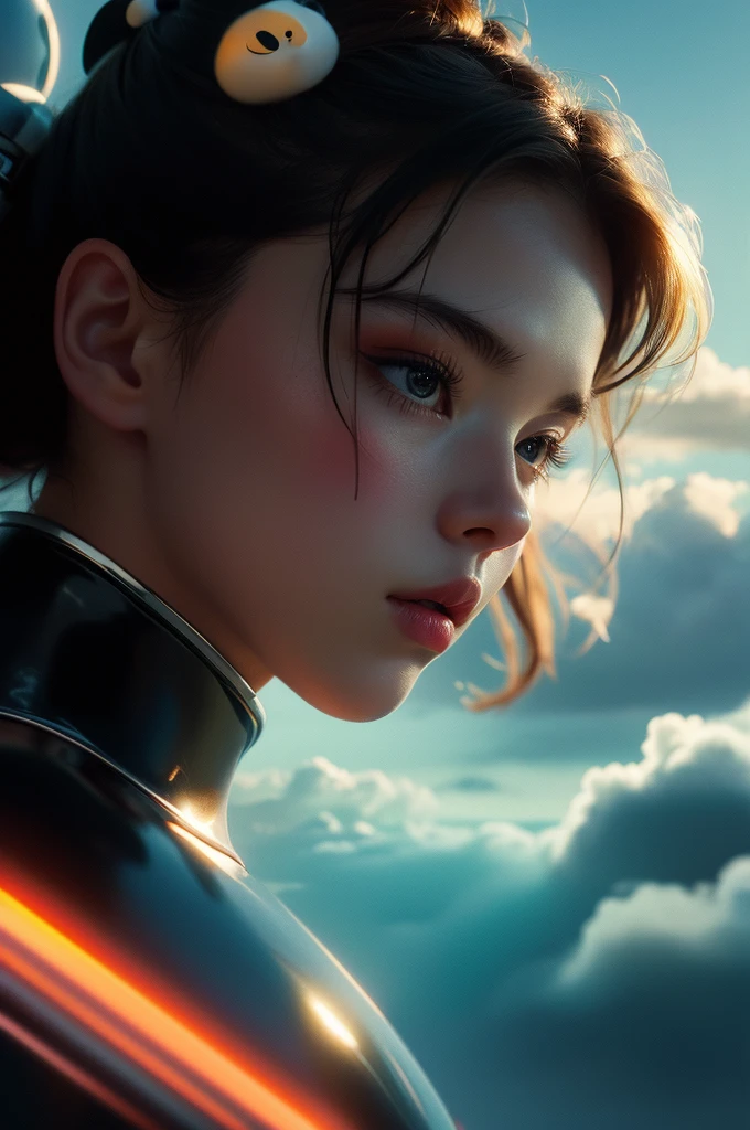 work of art, Maximum quality, cinematic photos, a girl, Floating in the sky, cloud girl, clouds, (close up: 1.1), Ablaze, glad, fun, soft lighting, (Bauhaus, forma, Line, abstrato: 1.1), panda ears