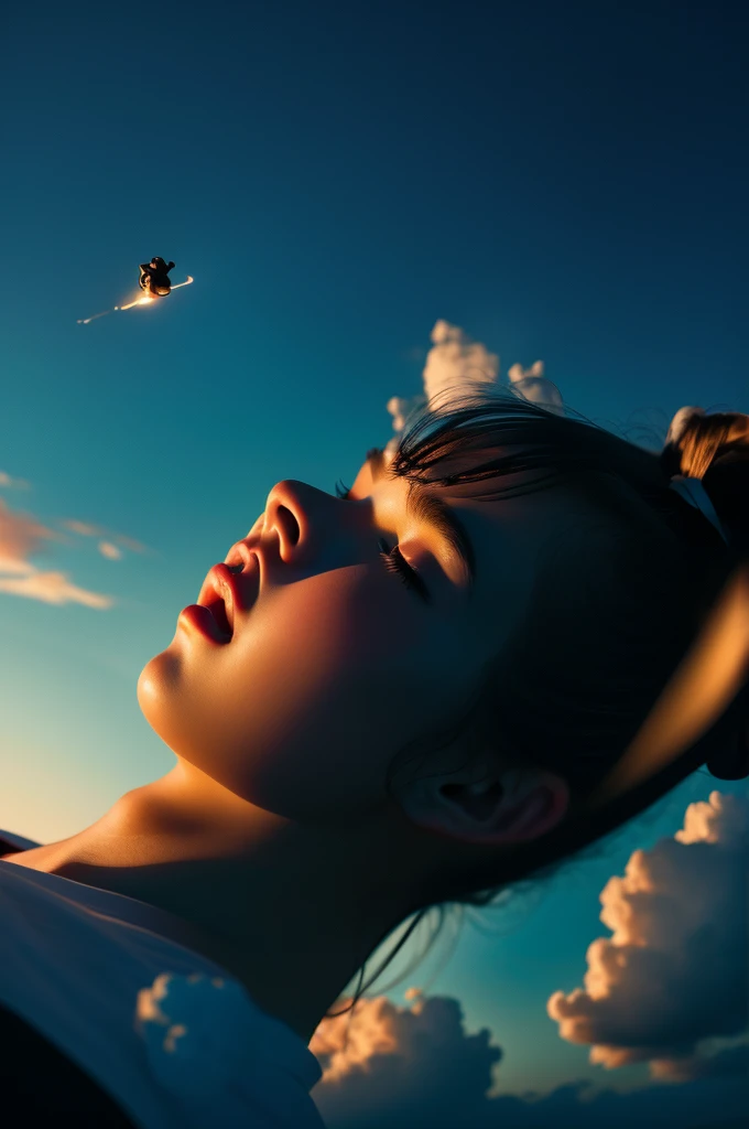 work of art, Maximum quality, cinematic photos, a girl, Floating in the sky, cloud girl, clouds, (close up: 1.1), Ablaze, glad, fun, soft lighting, (Bauhaus, forma, Line, abstrato: 1.1), panda ears