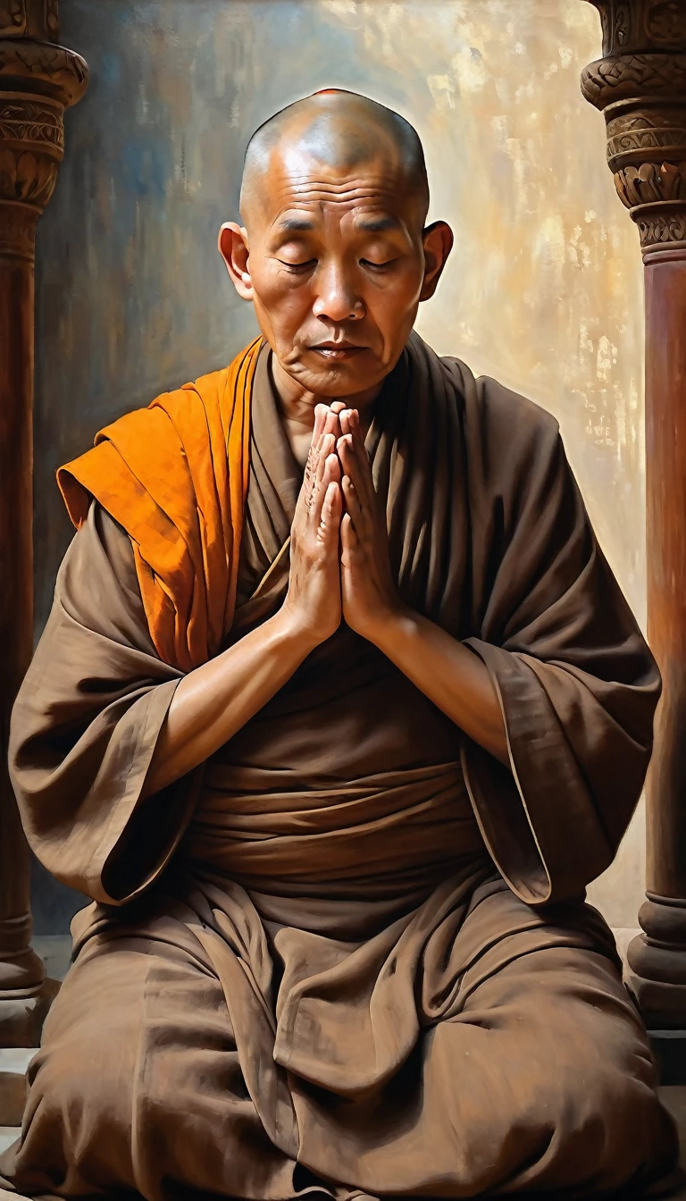 Continuing to recite the chants, his voice growing increasingly frail. The primary subject is an elderly monk, kneeling in prayer with weathered hands clasped tightly. This image is a beautifully rendered oil painting, capturing the monk's ethereal presence. Every detail is meticulously painted, from the gentle lines etched on his face to the worn texture of his robes. The soft lighting highlights the serene expression on his face, imparting a sense of peace and contemplation. The overall composition exudes a sense of spirituality and quietude, making it a truly exquisite piece of art.