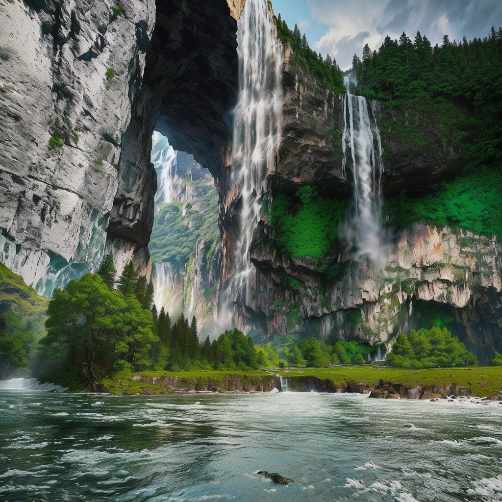 there is a waterfall coming out of a cave in the mountains, cave with waterfall, majestic nature scenery, stunning nature in background, waterfall cave, epic beautiful landscape, waterfall falling into a lake, breathtaking landscape, waterfalls and lakes, massive arch, with waterfalls and river, epic and stunning, immense waterfall, impressive fantasy landscape, an amazing landscape image, huge waterfall