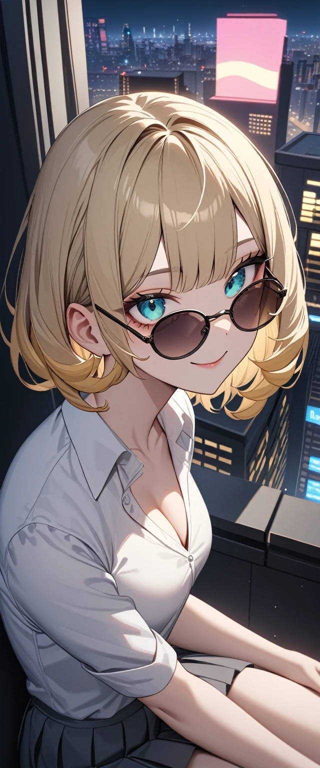 (masterpiece, Highest quality, でvery aesthetic, Super detailed), Intricate details, ((Cityscape, )), night,
One woman, smile, Blonde, (((lure))), Wavy Hair, Red gradient hair, Cleavage, From the side,, (Bobcut), blush, (((On top of a building))), Turquoise Eyes, Big eyes, Round eyes, ((sunglasses)), (((Gal with light makeup))), Collared shirt, White shirt, Baby Face, The clavicle is visible, , Grey pleated skirt, , looking at viewer, ((Sitting))