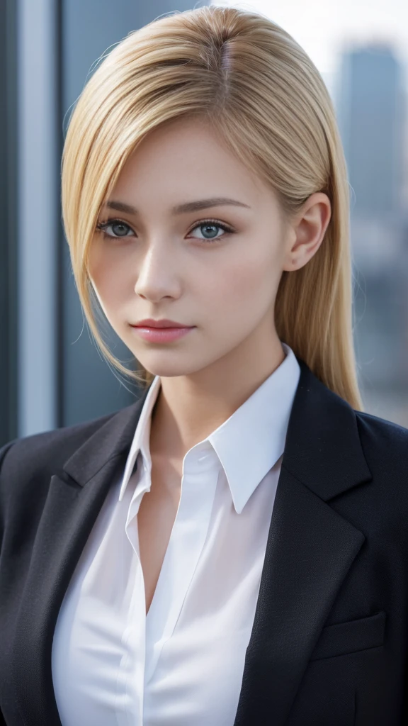 European girl portrait,alone,20-year-old,Beautiful Face,Upper Body,Hair on one eye,Medium Sidecut, Blonde, Sharp focus,Black business suit