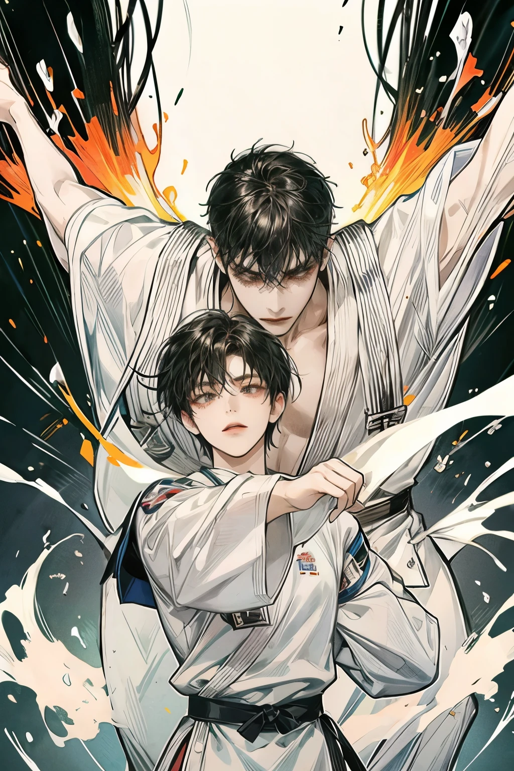 twin man and woman fighting, black hair, taekwondo sport wear, serious expression, dojo, taekwondo, energy, colorful shade, Masterpiece, hi-quality