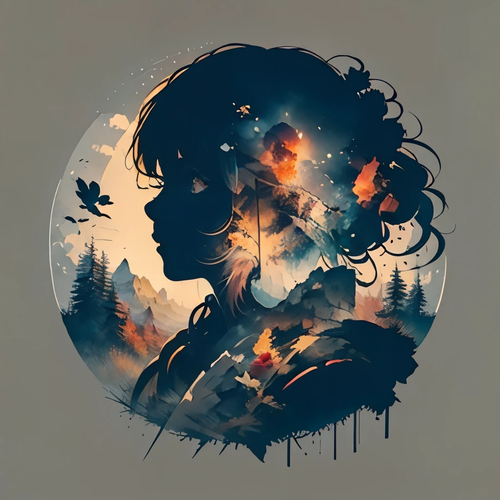 Automne landscape, fall, human silhouette, minimalism, ink