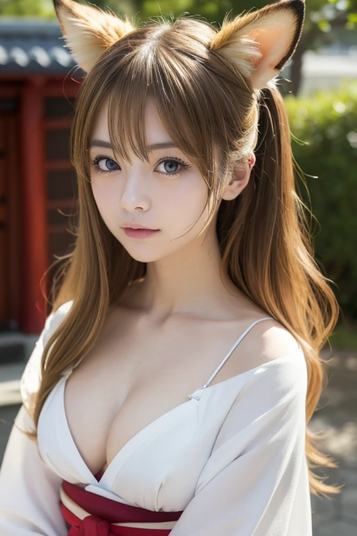 ((Beautiful blonde hair))、((Beautiful blonde))、One Girl、((Highest quality、8k、masterpiece))、Sharp focus:1.2、(Small fox ears)、e 17 rl with perfect figure:1.4、Slim Abs:1.2、((Dark brown hair))、street:1.2、Highly detailed face and skin texture、fine grain、((The chest is exposed))、double eyelid、(Shoulder Off)、Close-up of a woman in a kimono posing for a photo、Japanの女神、Japan人モデル、white、((Small breasts))、((Shrine maiden costume))、Japan、Drawing attractive anime girls、Cleavage