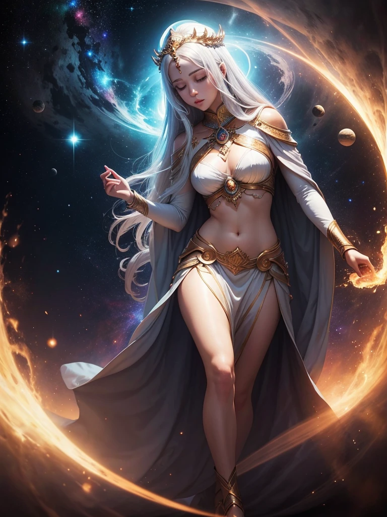 A goddess-like woman with no exposure, shining divinely, and the background is an image of space