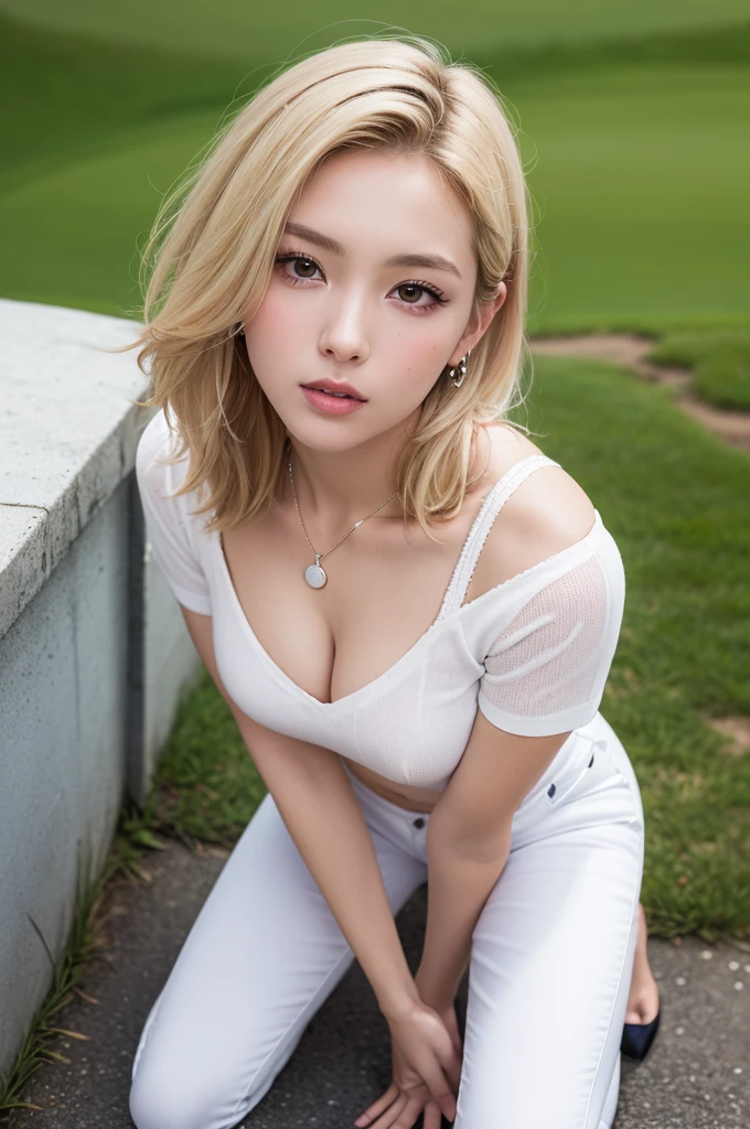 (so beautiful)、(Beautiful Face:2)、(Detailed face:1.1)、(European:1.5)、(Miss Universe)、(She stood up:1.1)、(red dress made of thick fabric:1.1)、(Raise the hem of a dress:1.5)、(Please show me your white pants:1.5)、(dressing:2)、High heels、(wearing heavy makeup)、(Blonde:1.4)、(blue eyes)、(thin:1.1)、Perfect Fingers、necklace、bracelet、Gyuru、on stage、(Shooting from above the knee:1.2)、(At S.F.W.)Highest quality、High resolution、Very detailed、masterpiece、RAW Photos、Realistic、Photorealistic、Very delicate and beautiful、finely、Rough skin、1 girl、(alone)、(alone)、Full Shot、(sky seen from below:1.1)、(Height: 170cm)、(25-year-old model)、Athletic build、Thick thighs、barefoot、(Golf Green:1.1)、(Golf Wear)、(mini skirt)、Golf shoes、(Body facing the camera:1.5)、(Leg-spread squats)、(Spread your legs:1.3)、(Crouch down to check the condition of the green.)、(Place your palms on your knees,,,,:1.5)、(Beautiful Face:1.7)、Brown Short Cut、(Showing panties:1.3)、(White panties)、Black pubic hair、(Golf Wearを脱がないでください)、(At S.F.W.:1.2)
