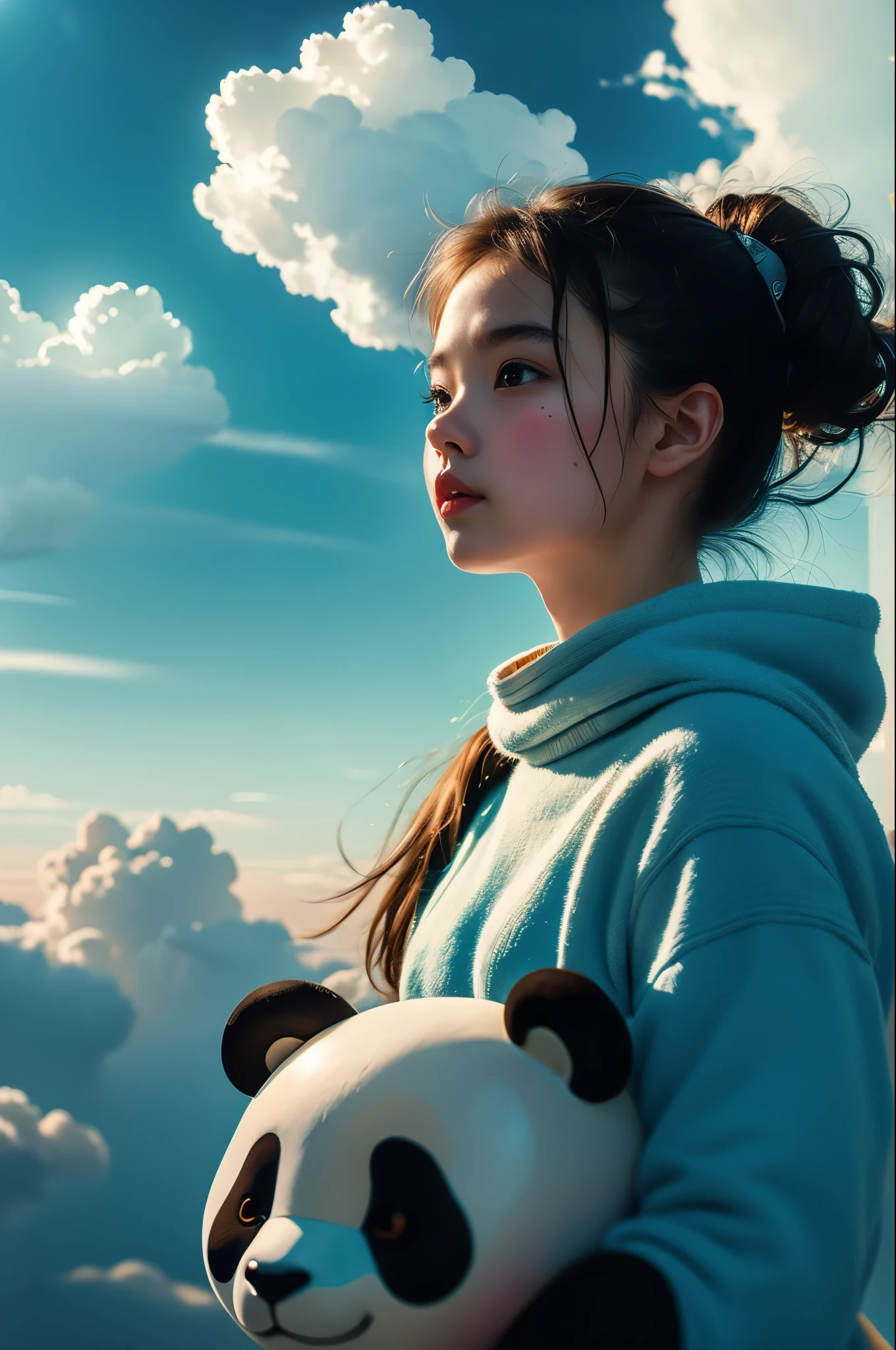work of art, Maximum quality, cinematic photos, a girl, Floating in the sky, cloud girl, clouds, (close up: 1.1), Ablaze, glad, fun, soft lighting, (Bauhaus, forma, Line, abstrato: 1.1), panda ears