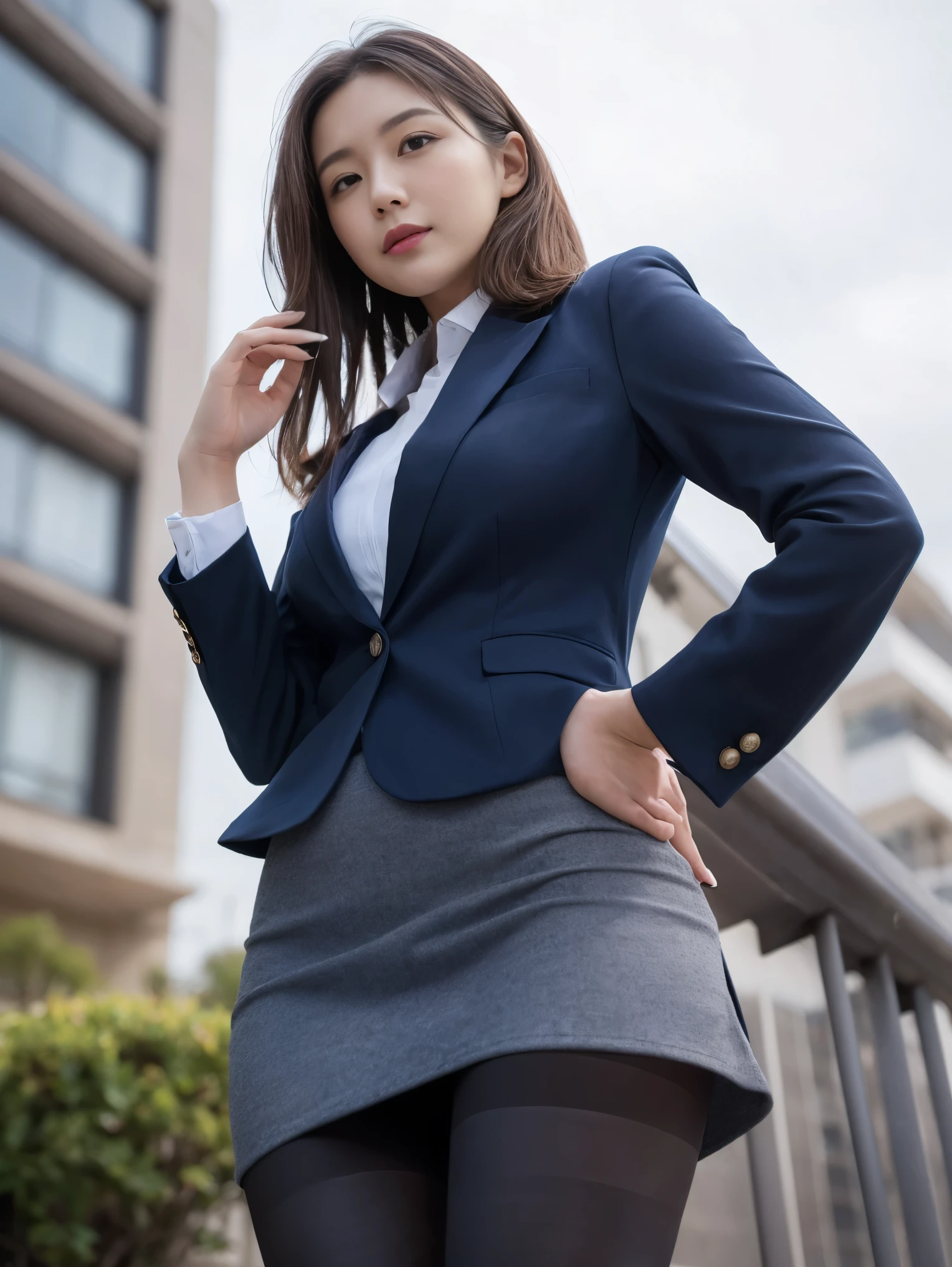 Highest quality、8k、masterpiece、Ultra-high resolution、Clear photos、Professional Lighting、Natural light、Realistic,、Highly detailed skin、Perfect Anatomy、Beautiful Hands、Beautiful fingers、One Woman、30 years old、Baby Face:1.8、Bob Hair、Brown Hair、Beautiful Hair、smile、((Tight business suit))、((Navy blue jacket:1.1))、((White knit:1.1))、((Tight mini skirt in navy blue))、((Perfect Pantyhose:1.2))、((Black Pantyhose:1.4))、at the park、Sexy pose、(((From below:1.5)))