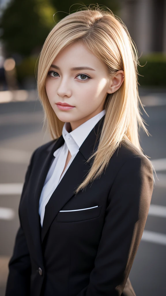 European girl portrait,alone,20-year-old,Beautiful Face,Upper Body,Hair on one eye,Medium Sidecut, Blonde, Sharp focus,Black business suit