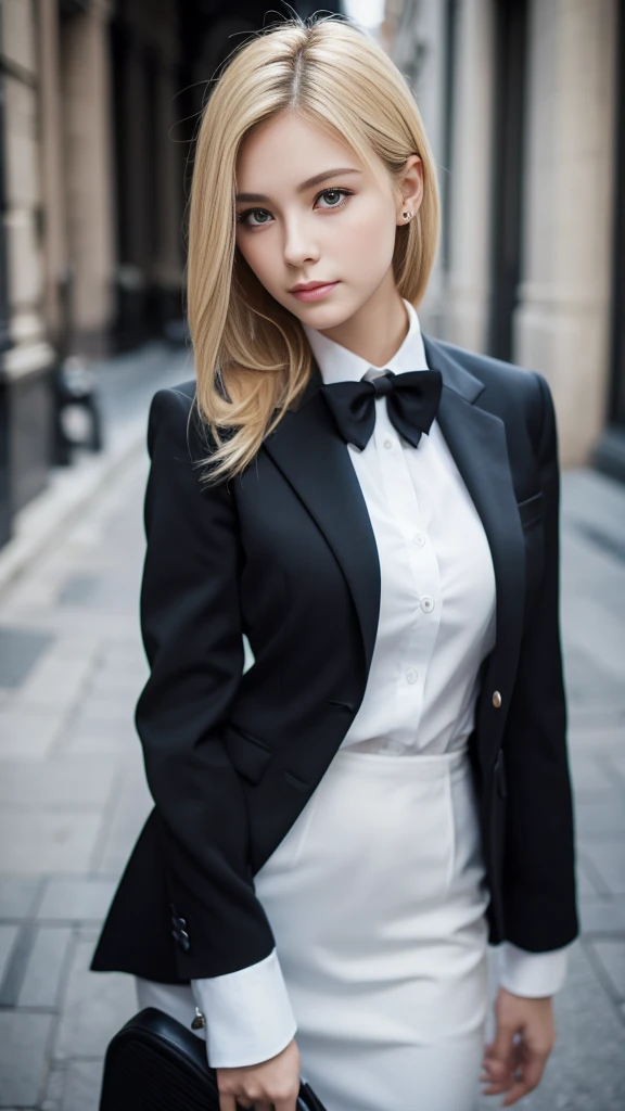 European girl portrait,alone,20-year-old,Beautiful Face,Upper Body,Hair on one eye,Medium Sidecut, Blonde, Sharp focus,Black business suit