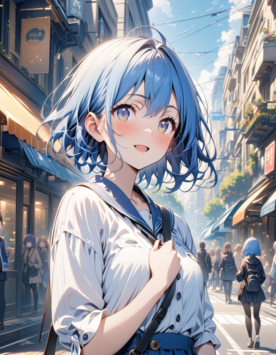 high resolution、One girl、、Slender、Blue Hair、Short Hair、、Daytime、City、Bright expression、