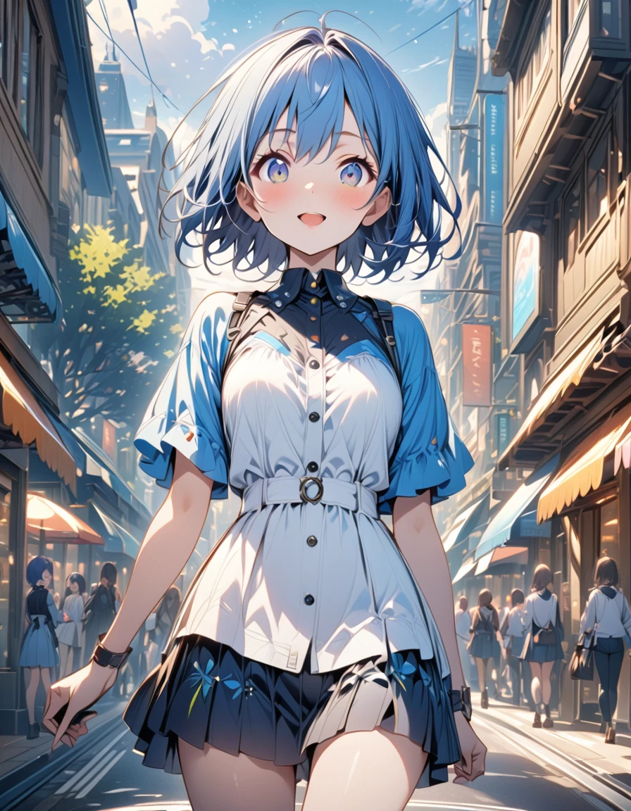 high resolution、One girl、、Slender、Blue Hair、Short Hair、、Daytime、City、Bright expression、
