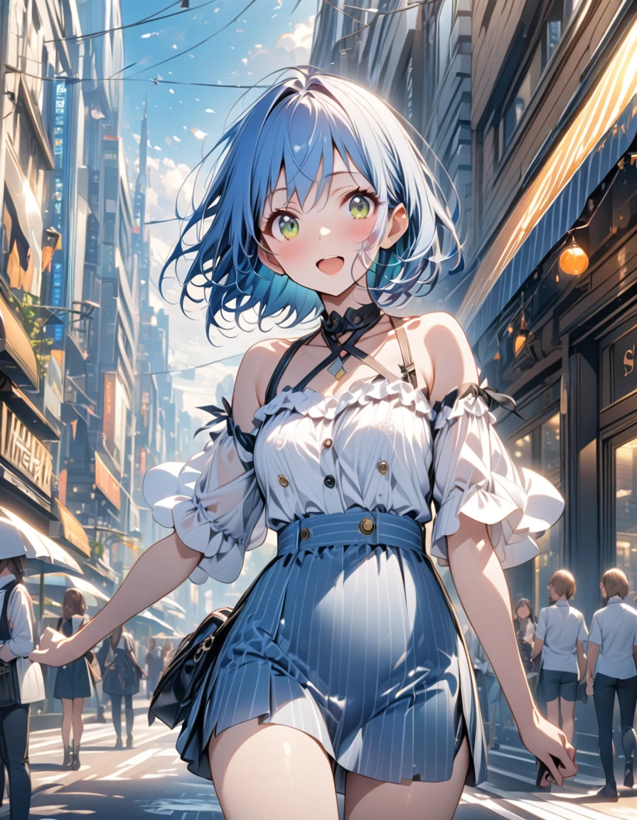 high resolution、One girl、、Slender、Blue Hair、Short Hair、、Daytime、City、Bright expression、