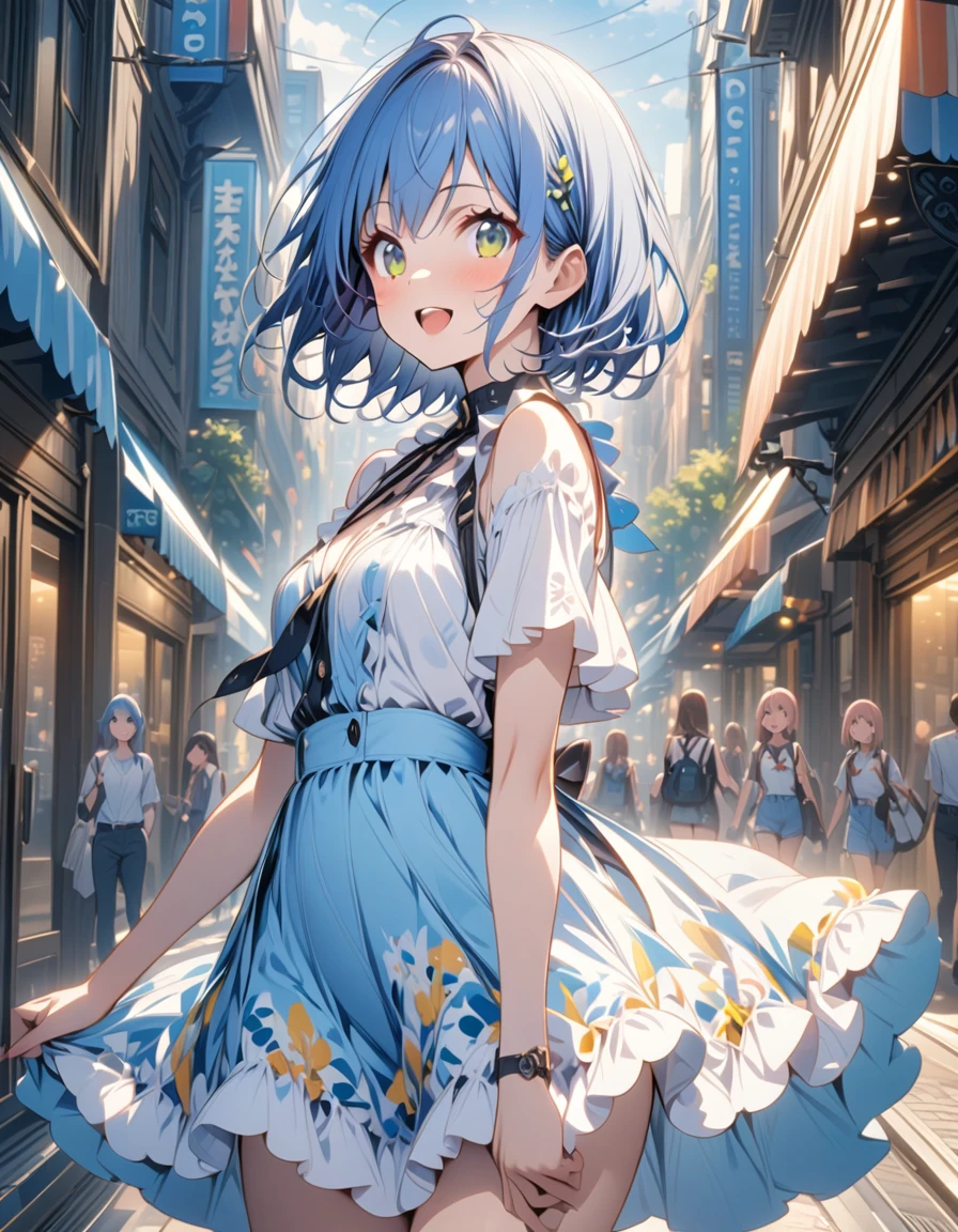 high resolution、One girl、、Slender、Blue Hair、Short Hair、、Daytime、City、Bright expression、