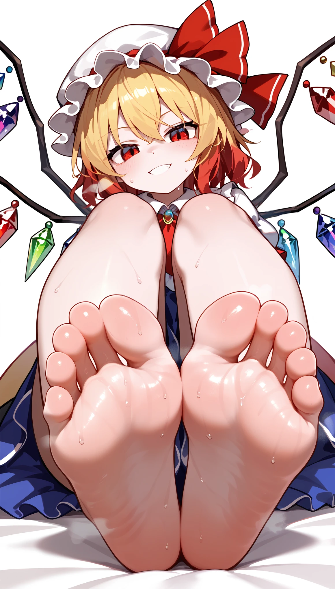 high quality, masterpiece, detailed, Touhou, Flandre Scarlet, Glossiness, shiny, sweat, steamy, whole body slimy, yellow hair, red eyes, sidelocks, red hair ribbon, mob cap, white headwear, side tail, Anime face, cute face, bare legs, barefoot, view of the soles of the feet, protruding feet, steamy feet, focus on feet, bottom up view, sweat, sweat feet, (steamy), looked down, focus on feet, bare feet, stuffy soles, sweaty feet, close-up of soles, soles of feet expose the, white skin, bedroom, backlight, lewd smile, suggestive face