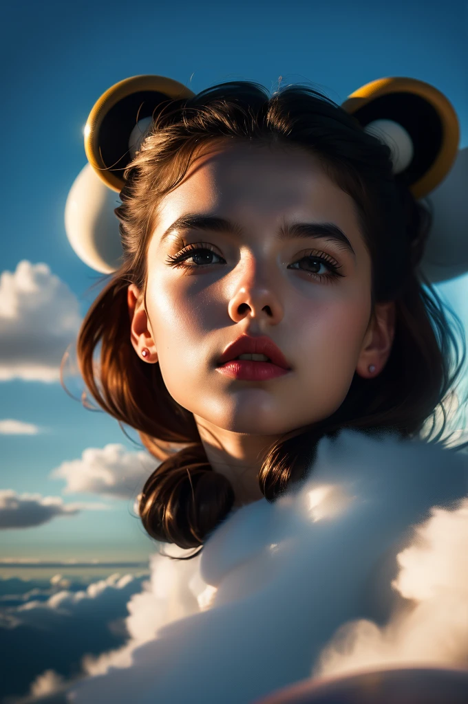 work of art, Maximum quality, cinematic photos, gorgeous a girl, Floating in the sky, cloud woman, clouds, (close up: 1.1), Ablaze, glad, fun, soft lighting, (Bauhaus, forma, Line, abstrato: 1.1), panda ears