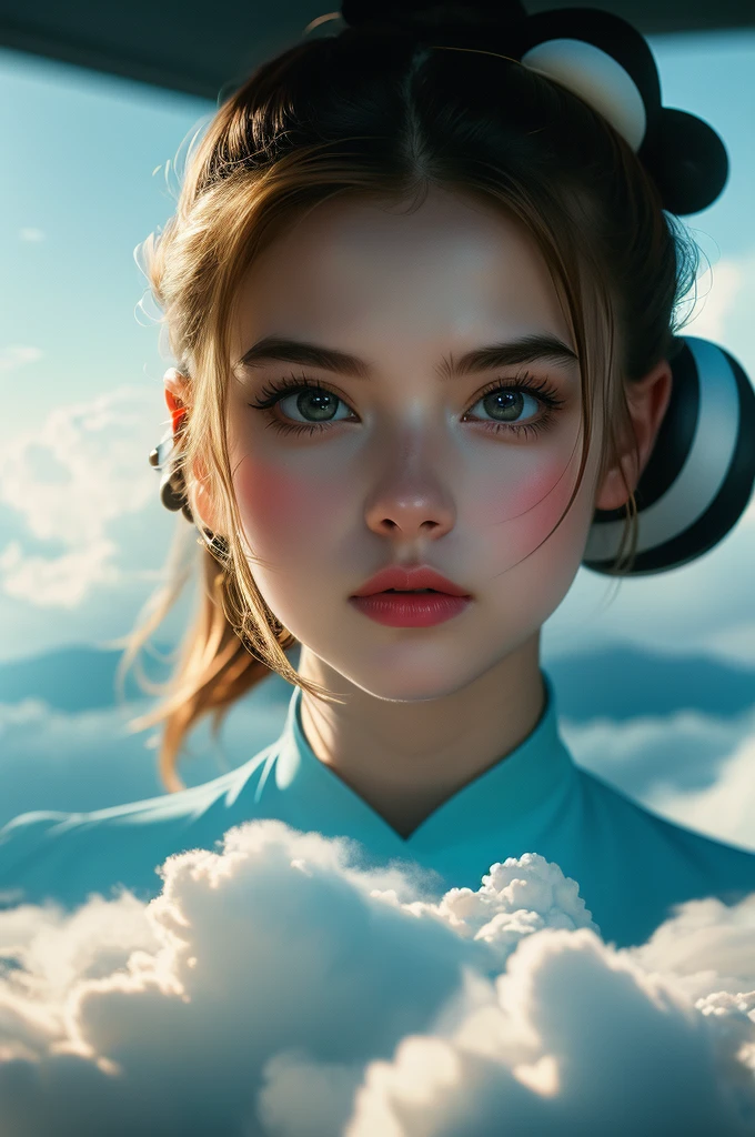 work of art, Maximum quality, cinematic photos, gorgeous a girl, Floating in the sky, cloud woman, clouds, (close up: 1.1), Ablaze, glad, fun, soft lighting, (Bauhaus, forma, Line, abstrato: 1.1), panda ears