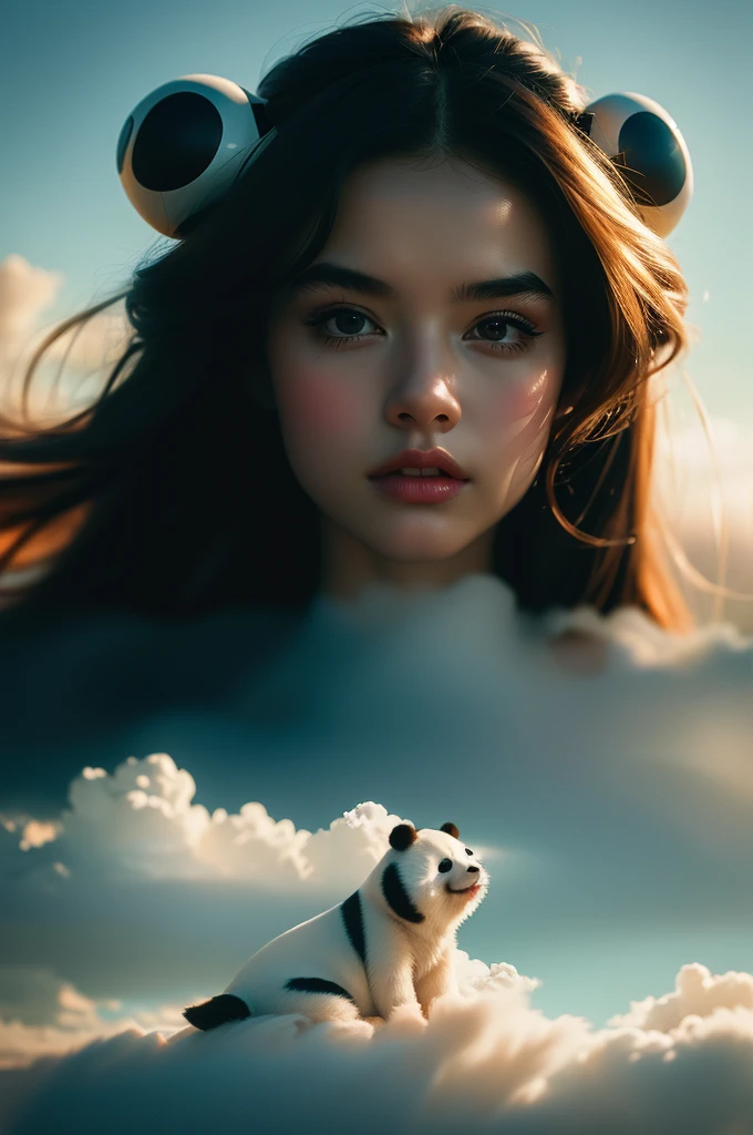 work of art, Maximum quality, cinematic photos, gorgeous a girl, Floating in the sky, cloud woman, clouds, (close up: 1.1), Ablaze, glad, fun, soft lighting, (Bauhaus, forma, Line, abstrato: 1.1), panda ears