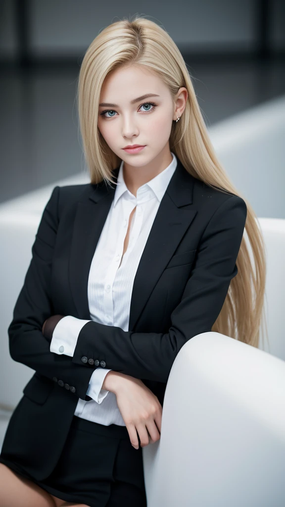 European girl portrait,alone,20-year-old,Beautiful Face,Upper Body,Hair on one eye,Medium Sidecut, Blonde, Sharp focus,Black business suit
