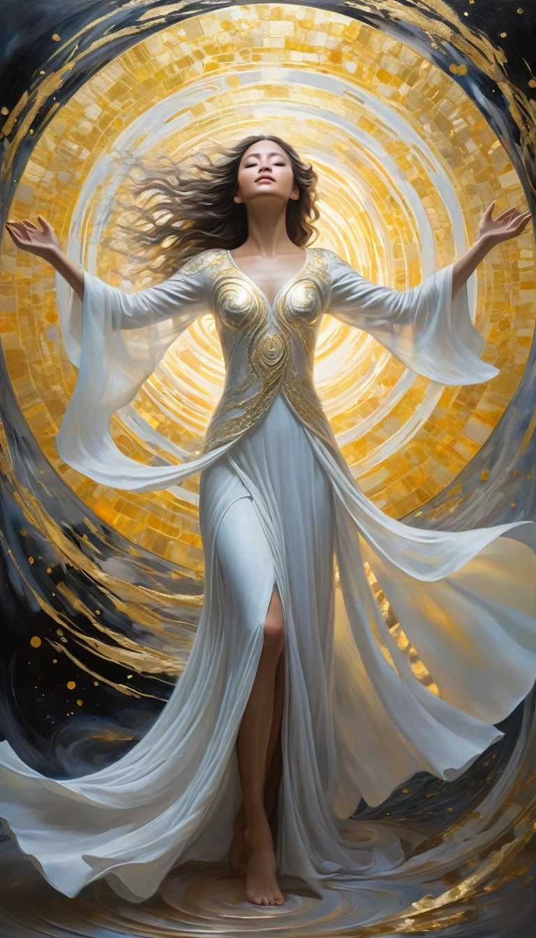 Liberating the souls of coins stolen by Hana, a ethereal figure stands amidst a swirling vortex of shimmering gold and silver. The spectral guardian glows with a soft, otherworldly light, her outstretched hands emanating a sense of gentle power. This stunning painting captures both the mystical essence of the scene and the emotional depth of the act of redemption. Each brushstroke is imbued with a sense of grace and precision, creating a truly mesmerizing and captivating image.