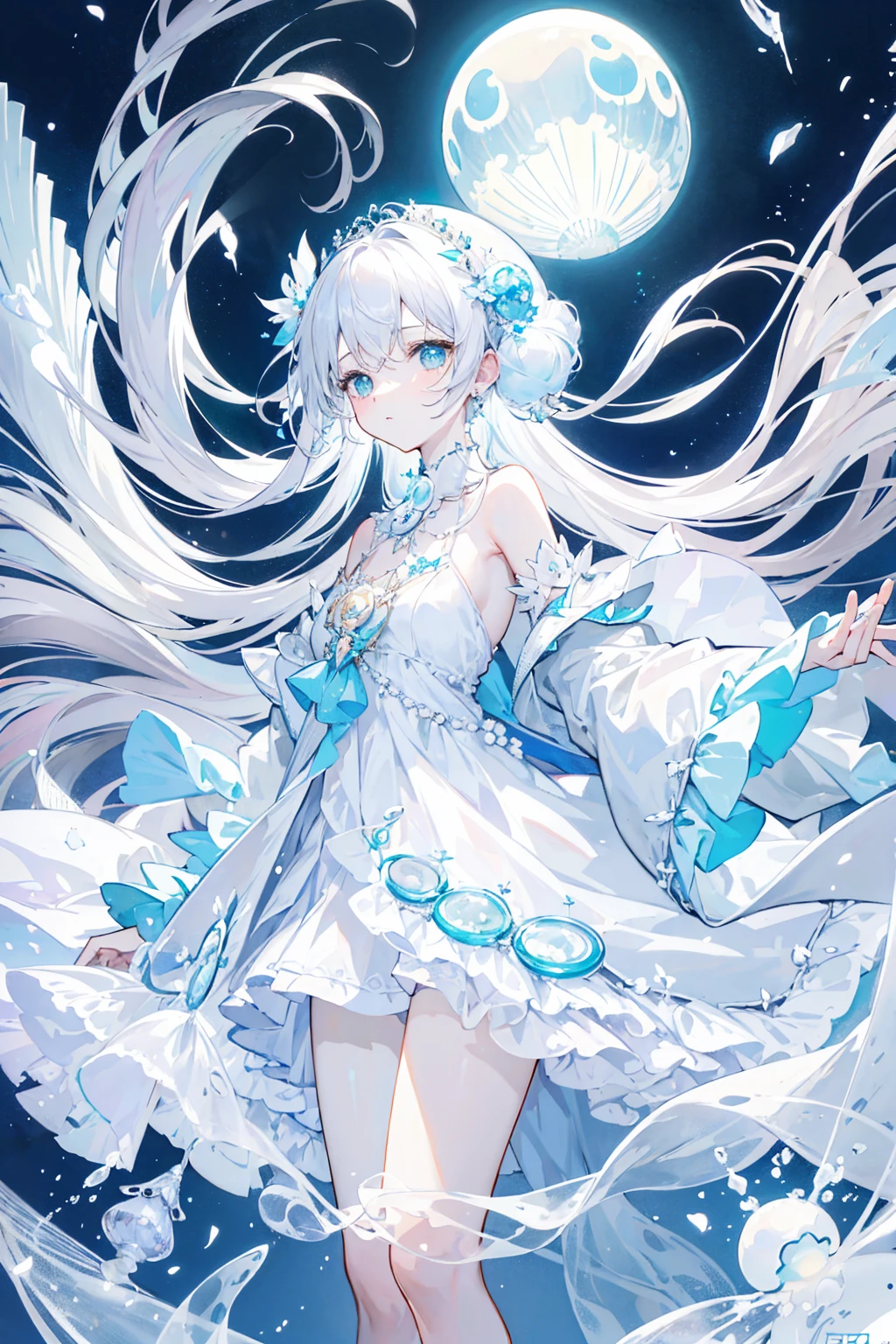 (Soft colors), (muted colors), (high quality render), light blue moon jellyfish personified, dainty, pearls, white color theme, moon jellyfish 🪼 ((illustration))