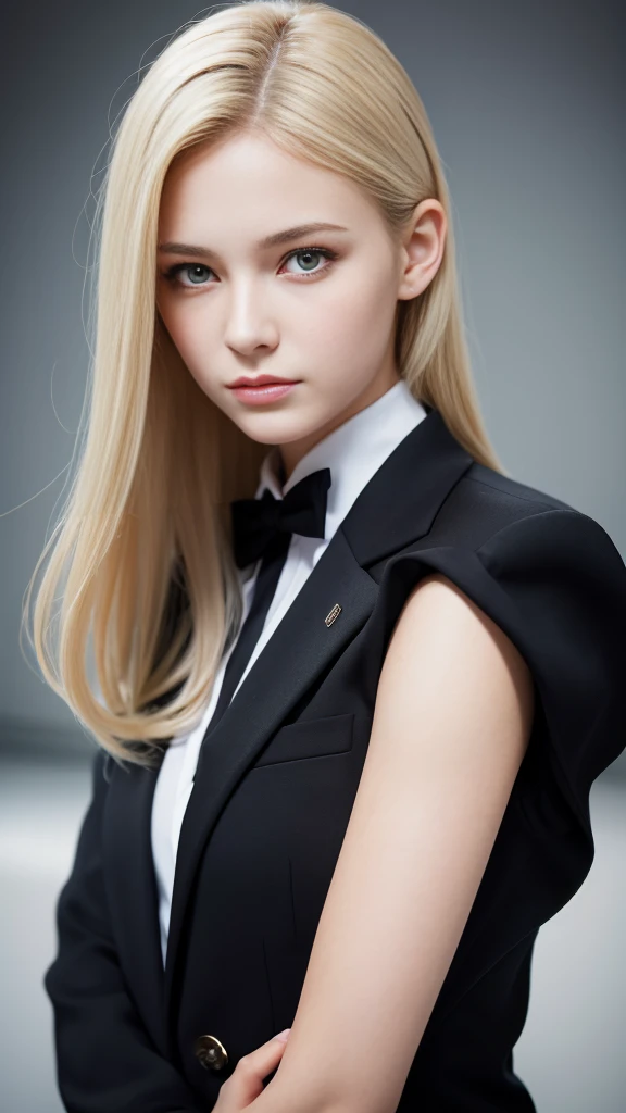 European girl portrait,alone,20-year-old,Beautiful Face,Upper Body,Hair on one eye,Medium Sidecut, Blonde, Sharp focus,Black business suit