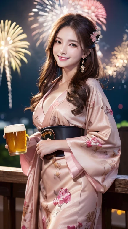 High resolution, (((Highest quality, Highest quality, 8k, masterpiece: 1.3)), Perfect Style, Highly detailed face and skin texture, Detailed eyes, double eyelid, Pale Cheeks, Glowing Skin, Fair skin: 1.2, Shiny little collar and earrings, Glossy Lips: 1.4, (Cowboy Shot), ( Pure girl: 1.2), (Pink floral dress、Gorgeous kimono), ( Dark brown hair), (A very seductive smile: 1.2),Natural Breasts, (Cheering beer),holding a beer mug, Clean background、((Fireworks bursting into the sky))、night、garden、(((Properly dressed))),Full body shot、The chest is not fluttering、