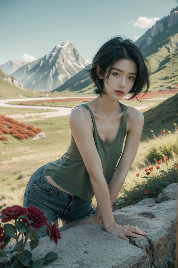 (((best quality))),(((ultra detailed))),(((masterpiece))),illustration,((1 beautiful girl,tomboy,solo)),(short black hair:1.3),((slim,thin)),((small breasts,thin)), vigorous, confident, (light green tank top:1.3), (dark green shorts:1.2),(slender legs:1.2),(standing:1.3),simplicity, robustness, strong features, (Abandoned Gobi Scene:1.3),(Rock surface:1.2),glowing eyes, rebellious, sensible, (mountainous landscape:1.3), (beside a vibrant red flower:1.3),elegance, unyielding spirit, youthful beauty, strength, resilience, adversity, challenges,((from front,upper body))