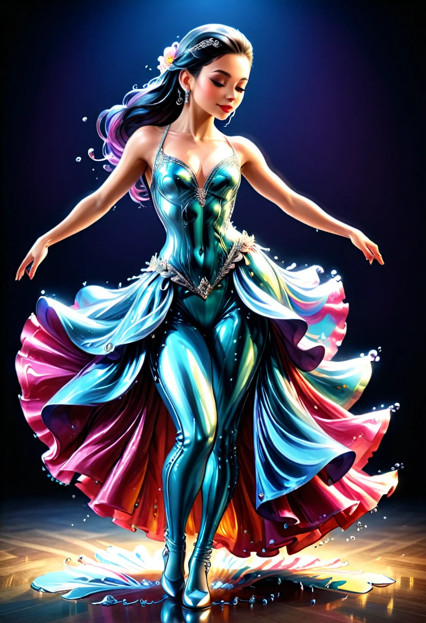 a ((liquid metal portrait: 1.5)) of woman ballroom dancer, a full body picture ((anatomically correct: 1.5)) ultra detailed face, best detailed face, of a exquisite beautiful female ballroom dancer, she is wearing a colorful ballroom dress, best detailed dress, colorful dress, multicores dress, royal fantasy ballroom background, LIQUID METAL, artxldnc