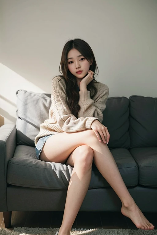 ผู้หญิง arafed sitting on the sofaโดยที่ขาของเธอไขว้กัน, gorgeous young korean woman, beautiful young korean woman, Korean girl, นางแบบแฟชั่นkorean woman, beautiful south korean woman, korean woman, attractive woman, sitting on the sofa, Attractive posture, Beautiful Asian woman sitting, lovely young woman, Comfortable pose, beautiful asian girl, young asian girl, cute woman