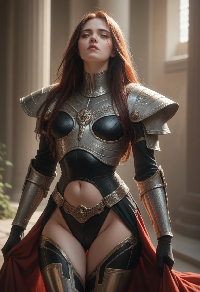 pale skin, detailed beautiful young Afgham woman, black long silky hair,medeival age warrior clad in an exposing war suit and midriff and thighs exposed and exhausted and panting from war,on a chariot