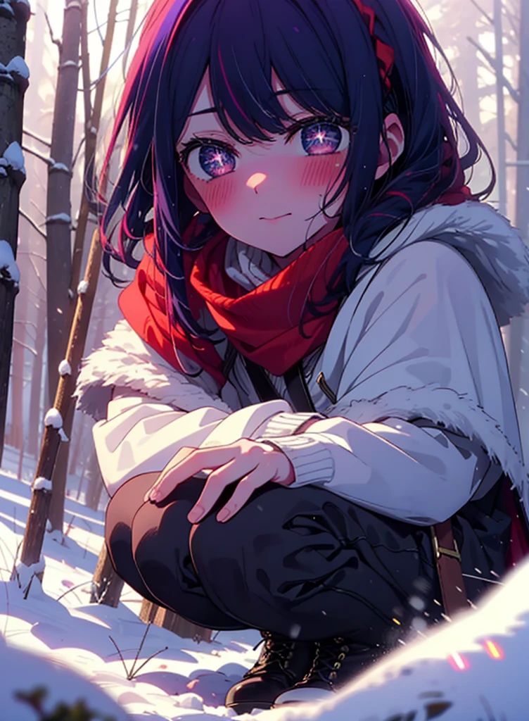 aihoshino, Ai Hoshino, Long Hair, bangs, (Purple eyes:1.1), Purple Hair, (Symbol-shaped pupil:1.5), smile,,smile,blush,white breath,
Open your mouth,snow,Ground bonfire, Outdoor, boots, snowing, From the side, wood, suitcase, Cape, Blurred, , forest, White handbag, nature, Squat, Mouth closed, Cape, winter, Written boundary depth, Black shoes, red Cape break looking at viewer, Upper Body, whole body, break Outdoor, forest, nature, break (masterpiece:1.2), Highest quality, High resolution, unity 8k wallpaper, (shape:0.8), (Beautiful and beautiful eyes:1.6), Highly detailed face, Perfect lighting, Extremely detailed CG, (Perfect hands, Perfect Anatomy),
