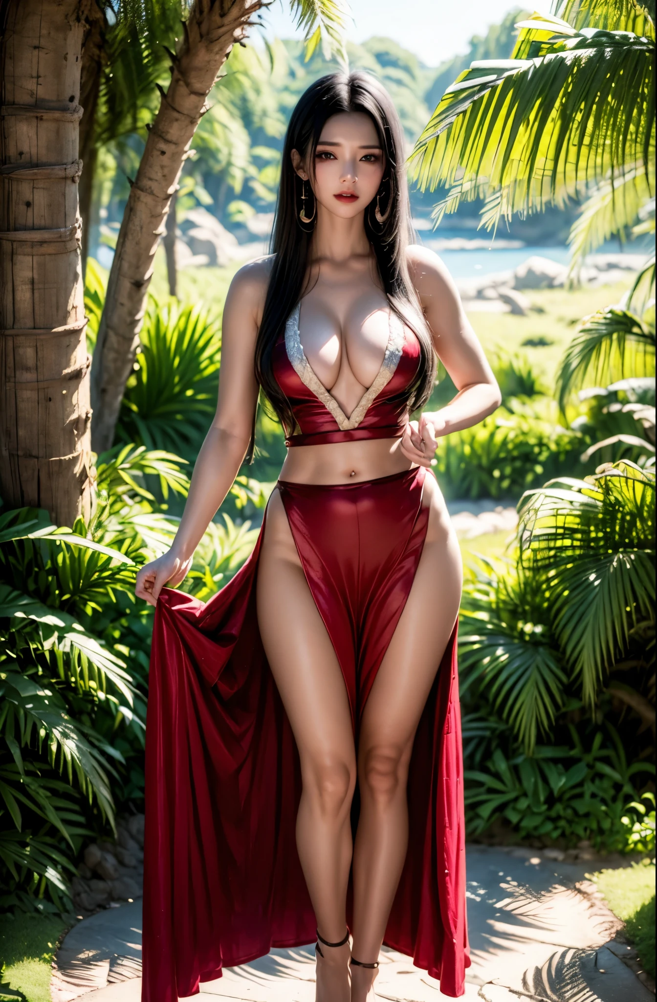 Facial lighting,Bright backlight,Medium chest,Ultra-high resolution,Highest quality,photograph,4K,(Realistic:1.2),NVDI,1 Girl,alone,Black Hair,(Red long skirt:1.1),Long Hair,Pearls and gems,Bare shoulders,Pelvic Curtain,