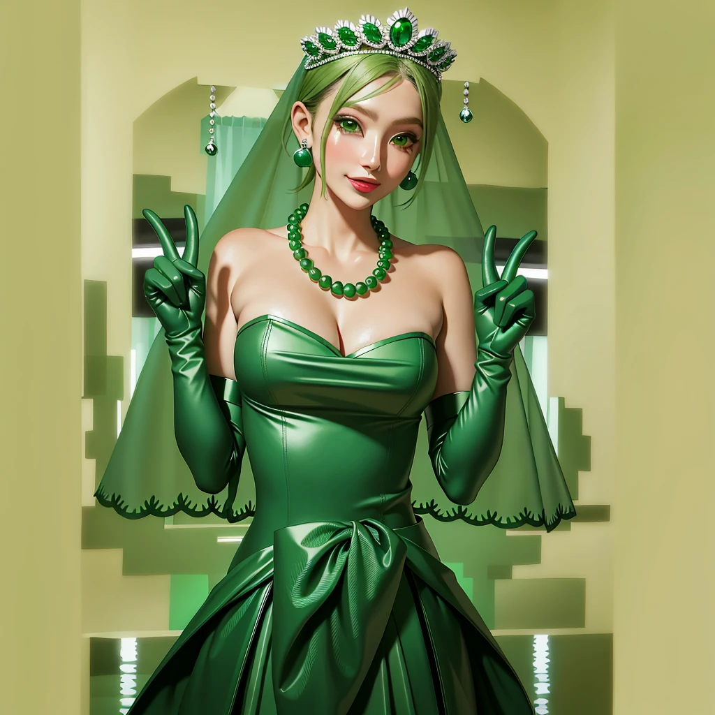 Emerald tiara, Green Pearl Necklace, ボーイッシュな非常に短いGreen Hair, Green Lips, Smiling Japanese woman, Very short hair,  beautiful lady, Green Eyes, Green satin long gloves, Green Eyes, Emerald Earrings, Green veil, all of, Green Hair, Beautiful Japanese Women, green lip gloss