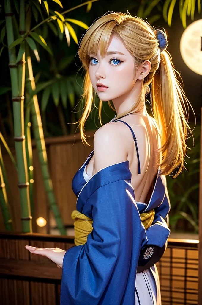 the character wears a traditional kimono, a full moon behind her, and her arms are out to her sides, 1girl, moon, solo, night, long hair, full moon, blue eyes, bamboo, looking at viewer, japanese clothes, blonde hair