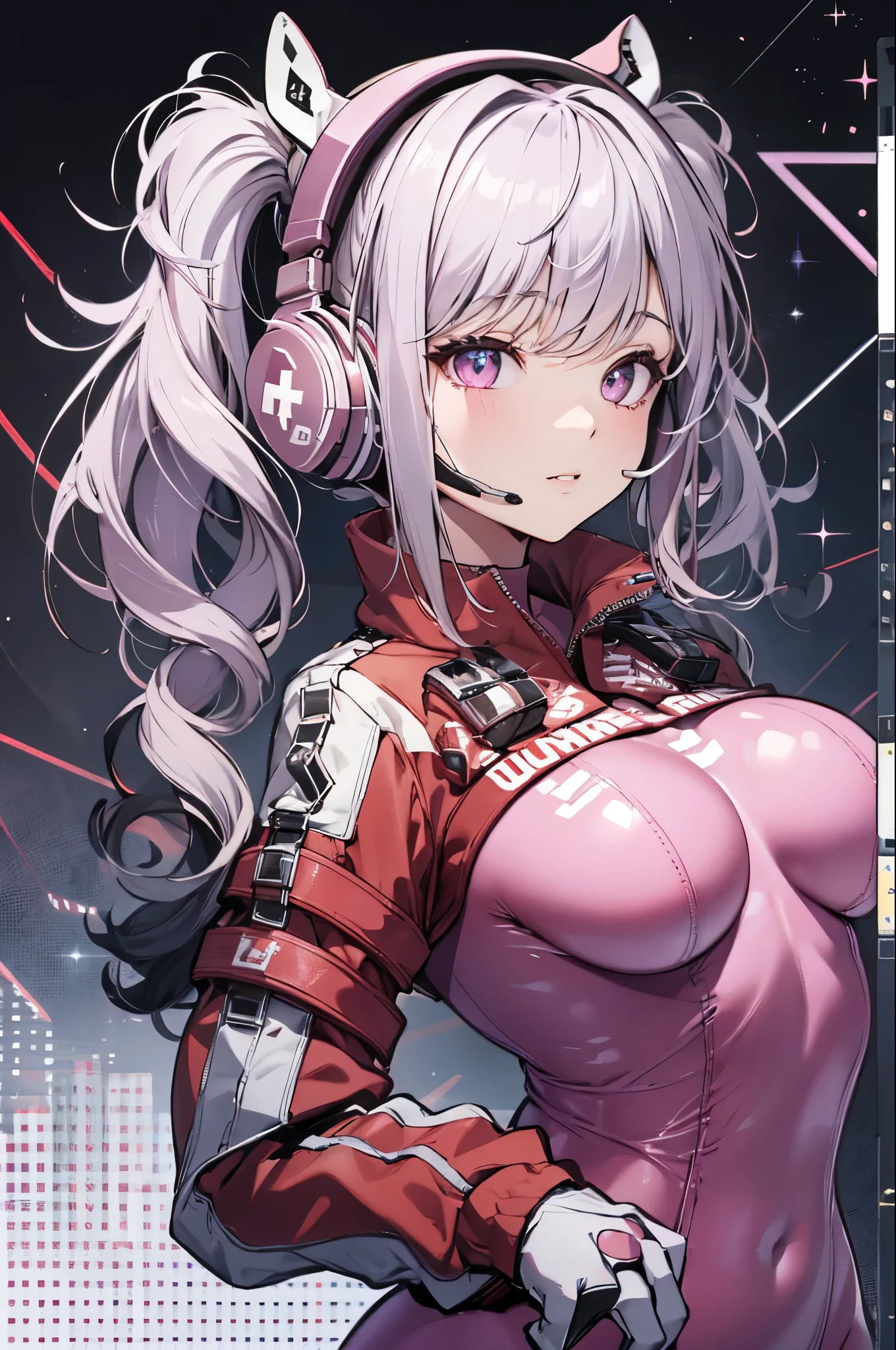 upper body,alicedef, bodysuit,pink bodysuit, shrug \(clothing\), headphones, gloves,twin tails,sneakers,masterpiece,Noise Reduction,perfect anatomy,high resolution, ultra-detailed, ultra-detailed face,game cg,dutch angle ,beautiful detailed eyes,visualart,five fingers, perfect hands, perfect lighting, sparkling pupils,